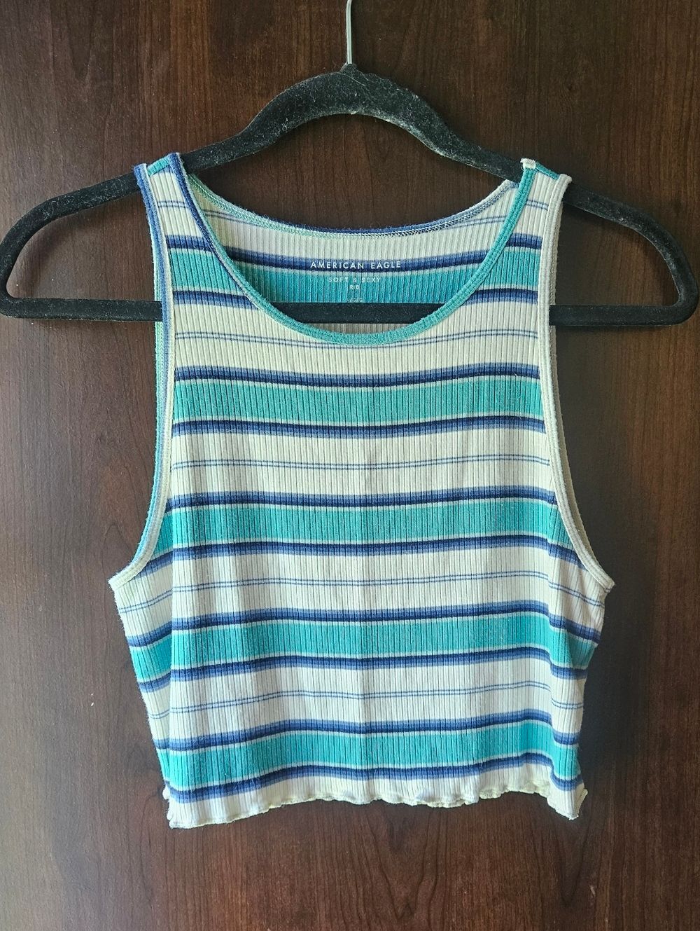 American Eagle Outfitters White, Teal & Blue Striped Ribbed Crop Tank Size Large
